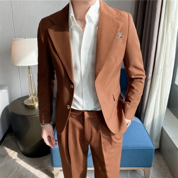 (Куртка + брюки) Изысканный однотонный повседневный костюм в корейском стиле, приталенный костюм ведущего, шафера, мужской деловой официальный социальный костюм
