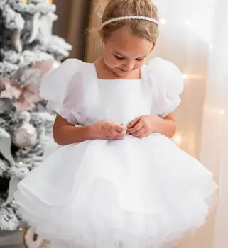 Пышное белое платье с цветочным узором для девочек, платья Принцессы на День рождения, Рождественское платье для девочек, Детское платье с рукавами-пузырями, Размер ребенка от 1 до 12 лет