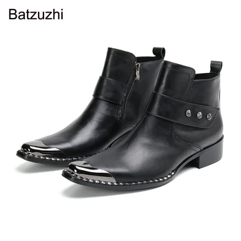 Batzuzhi/ Черные мужские ботильоны с железной головой, Мужские ботинки ручной работы, обувь на молнии и пряжках, модные мужские ботинки в стиле Рок, Большие размеры 37-46!
