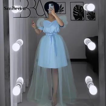 Небесно-голубые платья Smileven для выпускного Вечера, Вечернее платье с коротким рукавом Длиной до колен, Официальные вечерние платья Саудовской Аравии
