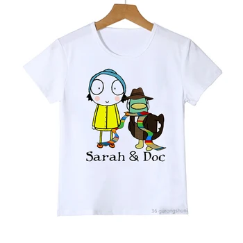 Футболка для мальчиков/девочек, милые Детские футболки с шарфом в виде Сары и Утки, Летняя одежда в стиле Харадзюку для девочек, Белые рубашки с короткими рукавами Оптом