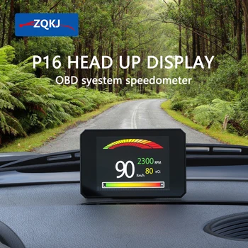 ZQKJ P16 OBD2 HUD Автомобильный Бортовой компьютер OBD GPS Цифровой Измеритель скорости, оборотов в минуту, Автоаксессуары, Температура воды, Напряжение, Сигнализация