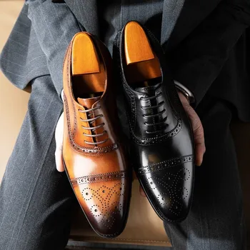 Удобная мужская обувь из натуральной кожи на шнуровке, черные, коричневые Оригинальные мужские модельные туфли, Свадебные модные Оксфордские туфли, мужские