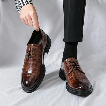 Мужские туфли-дерби из искусственной кожи на низком каблуке со шнуровкой, однотонные деловые модельные туфли, удобные модные классические размеры 38-46