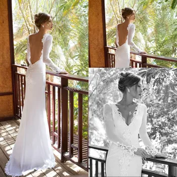 Сексуальные свадебные платья Белое Свадебное платье с глубоким V образным вырезом и открытой спиной, с длинными рукавами, длиной до пола, с аппликацией из бисера, свадебные платья
