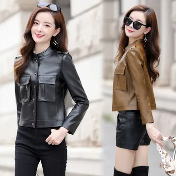 Кожаная куртка для женщин, короткая, Осень-зима 2023, Корейские Тонкие женские кожаные пальто, Женская укороченная кожаная куртка куртка женская