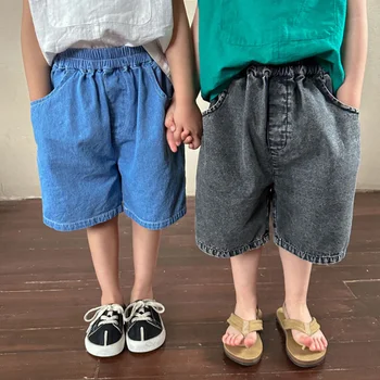 Свободные тонкие джинсовые шорты для мальчиков и девочек, детские повседневные универсальные брюки среднего размера