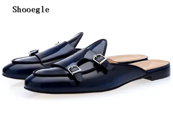 SHOOEGLE/ мужская модная черно-синяя обувь с пряжкой, Лоферы без застежки, Тапочки, удобная уличная повседневная роскошная обувь ручной работы