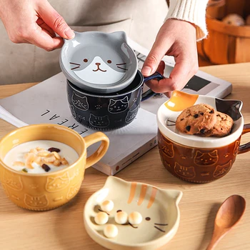 Керамическая кружка с мультяшным котом и крышкой, креативная кофейная чашка Chaigou, Детская чашка для завтрака, Студенческая чашка для молока