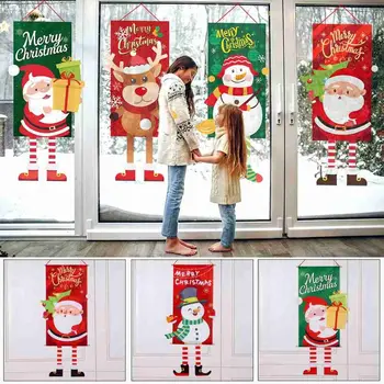 На Двери Висит Рождественский Баннер На Двери, Атмосфера, Праздничный Реквизит, Тканевый Флаг, Старик, Снеговик, Баннер на окне, Баннеры