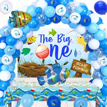 The Big One Украшения на 1-й день рождения для мальчиков, Офишально Один комплект арки из воздушных шаров, Фон для рыбалки, Скатерть, принадлежности для дня рождения