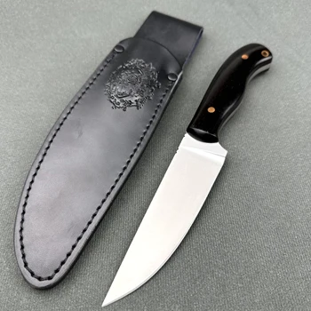 Стальной фиксированный нож D2 Full Tang с кожаными ножнами, прочный и острый нож для выживания на открытом воздухе, удобная ручка из натурального сандалового дерева