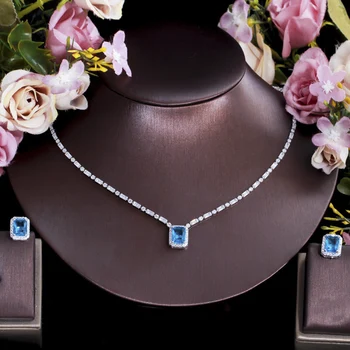 Элегантные блестящие светло-голубые квадратные серьги-гвоздики с кубическим цирконием и ожерелье ThreeGraces для женщин, бижутерия для вечеринки TZ645