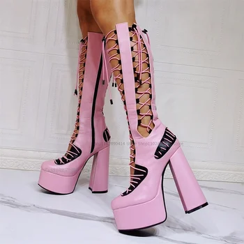 Розовые Открытые Дизайнерские Сапоги выше колена на платформе с ремешками и боковой молнией, Женская обувь на высоком массивном Каблуке, Пикантные 2023 Zapatos Para Mujere