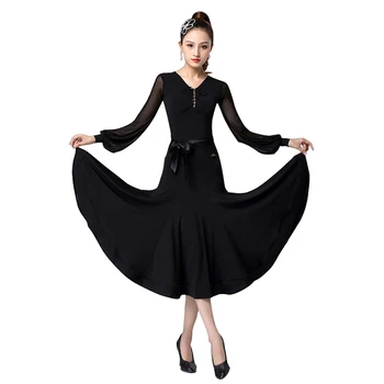 Черное платье для бальных танцев с длинными рукавами, платье для современных танцев, платье для вальса фламенко, Стандартная тренировочная одежда, костюм для соревнований
