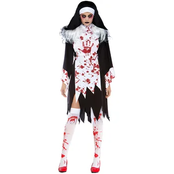Костюм Монахини-вампирши S-XL, костюм на Хэллоуин, 3 шт./компл., костюм для ролевых игр, Женское платье для ремонта Кровавых Зомби (шляпа + Платье + Кровавый носок)
