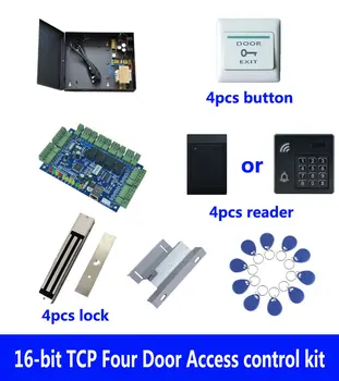 Комплект контроля доступа, TCP-Четырехдверный контроль доступа + Powercase + Магнитный замок весом 280 кг + ZL-кронштейн + Считыватель идентификаторов + Кнопка + 10 идентификационных меток, Sn: Kit-B408