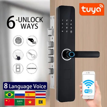 Цифровой электронный Умный Дверной замок Tuya Wifi С биометрической камерой, отпечатком пальца, смарт-картой, паролем, ключом разблокировки