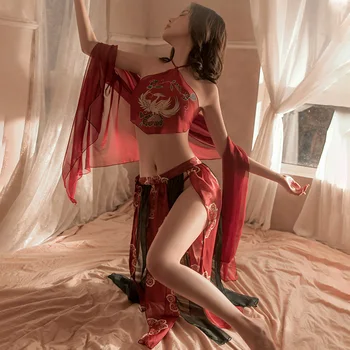 Женский Костюм для ролевых игр Jimiko Ancient Hanfu, Сексуальная Летающая Экзотическая танцовщица из Дуньхуана, Нижнее белье, Фартук, тюлевая юбка с принтом, костюм