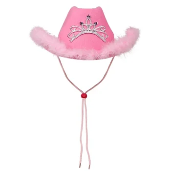 Ковбойская шляпа в западном стиле, Розовые женские шапочки для Вечеринки по случаю Дня рождения для девочек с украшением в виде перьев и блесток, Корона, Тиара, Шляпы для ночных клубов, Ковбойские шляпы для девочек