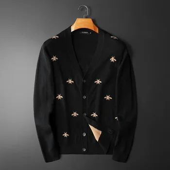Вязаный кардиган на пуговицах с рисунком пчелы, Мужской тонкий свитер с длинным рукавом, пальто Noel Kazak Heren, черный