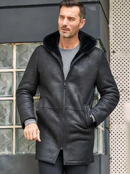 Новая мужская куртка из овечьей шерсти, Длинное Меховое пальто С капюшоном, Шерстяная зимняя верхняя одежда, черное Кожаное пальто