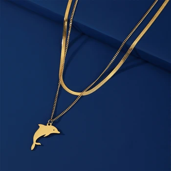 Скайрим, Прыгающий Дельфин, ожерелье с подвеской для женщин, нержавеющая сталь, золотой цвет, Двухслойная цепочка для ключиц, украшения для животных