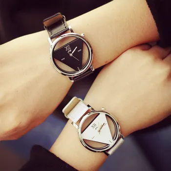 Модные женские кварцевые часы с полым треугольником, простая новизна и индивидуализм, креативные наручные часы, черные, белые Кожаные часы