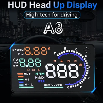 Головной дисплей A8 OBD2, Автомобильный Цифровой Спидометр, Лобовое стекло, Температура воды, Напряжение, Скорость, об/мин, Пробег за рулем, Сигнализация Превышения скорости