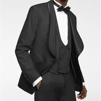 Комплект из 3 предметов, черные мужские костюмы, Формальный свадебный смокинг, шаль, пальто с лацканами + жилет + брюки, мужской модный костюм, индивидуальный размер