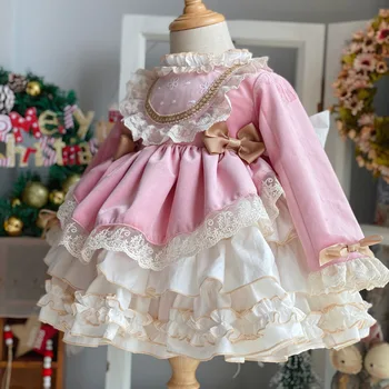 Весенне-осеннее Бархатное Винтажное испанское бальное платье с помпоном для маленьких девочек, платье Принцессы Лолиты, детское Рождественское платье для девочек на День рождения