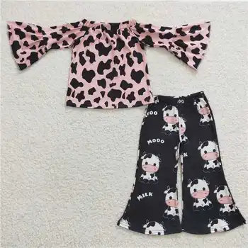 GLP0376 новые летние брюки с длинными рукавами и принтом розовой коровы для девочек MOOO, бутик-комплект, оптовая цена