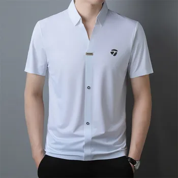 Корейская мужская одежда для гольфа, футболка, кардиган, мужские рубашки поло для гольфа с коротким рукавом, Летние эластичные ледяные шелковые лацканы, быстросохнущие Рубашки для гольфа, тройники