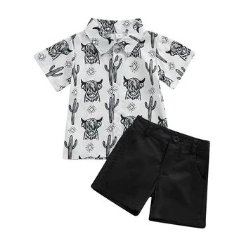 Летняя рубашка с короткими рукавами и повседневными эластичными шортами с принтом кактуса для маленьких мальчиков