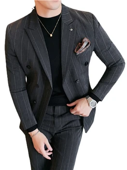 Осенние мужские костюмы 2022 года, Полосатый двубортный Приталенный Костюм, Пиджак, Деловой Профессиональный Официальный костюм, Костюм-двойка (пальто + брюки)