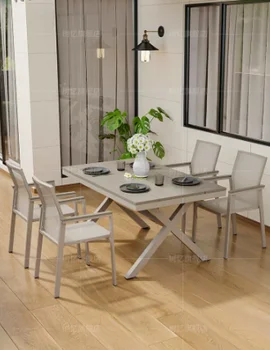 Уличные пластиковые деревянные столы и стулья, водонепроницаемый внутренний двор, комбинация для отдыха, простая открытая терраса, сад с длинными столами