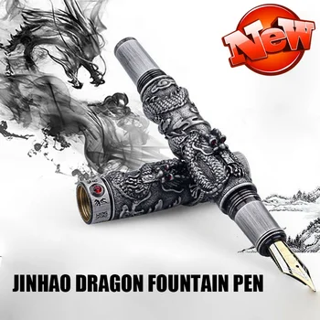 Новая авторучка Jinhao Dragon Серая стальная Металлическая 18KGP Со средним пером, Винтажные ручки, Тяжелая ручка, канцелярские принадлежности для подписи в офисе