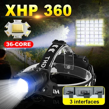 Новейший 36-ядерный налобный фонарь XHP360, светодиодная фара 18650, перезаряжаемая, 4 режима освещения, мощный головной фонарик, Рыболовный налобный фонарь