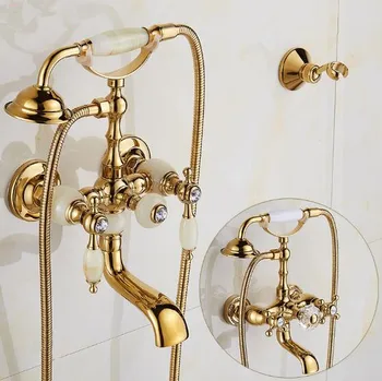N Роскошный Золотой смеситель для ванны в античном стиле, керамическая ручка и ручная насадка для душа, набор смесителей для ванны, набор смесителей для душа